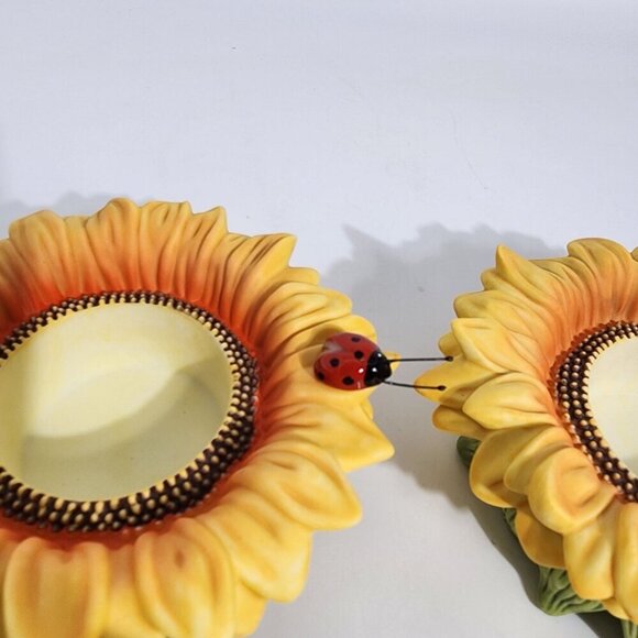 Sunflower Shaped Ceramic Candle Holders With Ladybug Butterfly Accents Partylite - Picture 3 of 11